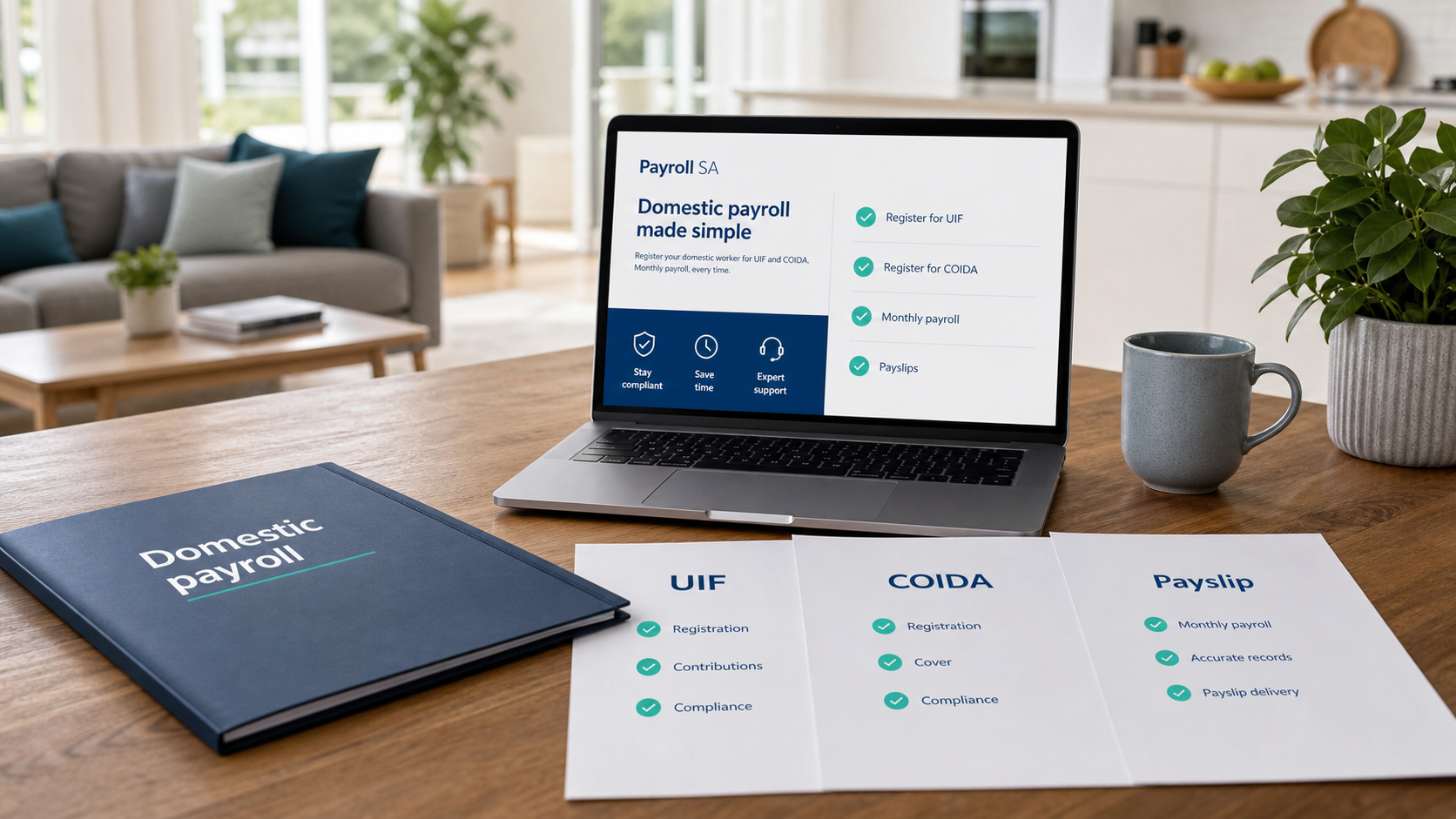 Home office table with a Payroll SA domestic payroll checklist, UIF, COIDA and payslip documents.